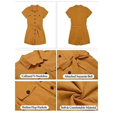 Vetinee Women's Yellow Summer Pockets Belted Romper Buttons Short Sleeve Jumpsuit Playsuit X-Large (US 16-18)