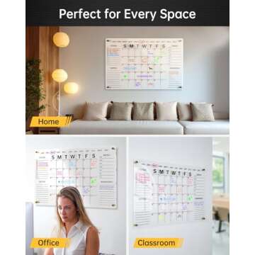 Acrylic Wall Calendar with Dry Erase Surface | 28x20" Clear Monthly Planning Board | includes 8 Color Markers, Eraser, Multi-Color Standoff Screws, and Installation Kit | Perfect for Home & Office