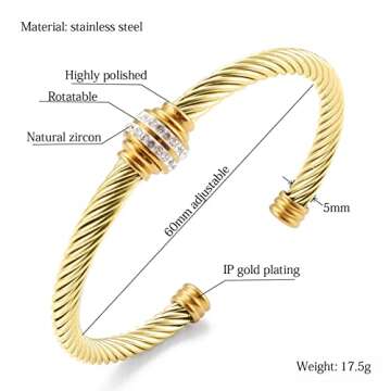 Tiyad Cable Bracelet Stainless Steel Vintage Twisted Wire Composite Open Bangle Bracelet, Adjustable...
