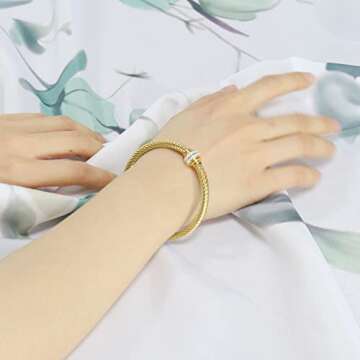 Tiyad Cable Bracelet Stainless Steel Vintage Twisted Wire Composite Open Bangle Bracelet, Adjustable Cuff Bangle Bracelet for Women & Men (Golden)