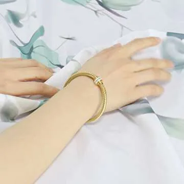 Tiyad Cable Bracelet Stainless Steel Vintage Twisted Wire Composite Open Bangle Bracelet, Adjustable Cuff Bangle Bracelet for Women & Men (Golden)