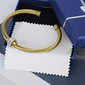 Tiyad Cable Bracelet Stainless Steel Vintage Twisted Wire Composite Open Bangle Bracelet, Adjustable Cuff Bangle Bracelet for Women & Men (Golden)