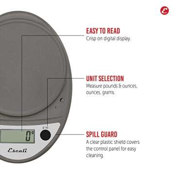 Escali Primo Digital Food Scale Multi-Functional Kitchen Scale and Baking Scale for Precise Weight Measuring and Portion Control, 8.5 x 6 x 1.5 inches, Metallic