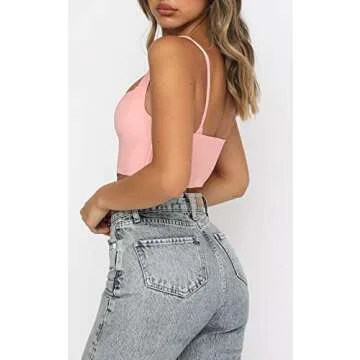 Women Y2k Corset Brami Crop Top Sexy V Neck Plunging Tight Plain Cropped Tank Tops Rave Euphoria Outfit Trendy Going Out Tops Casual Summer Pink XL