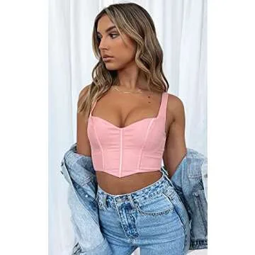 Women Y2k Corset Brami Crop Top Sexy V Neck Plunging Tight Plain Cropped Tank Tops Rave Euphoria Outfit Trendy Going Out Tops Casual Summer Pink XL