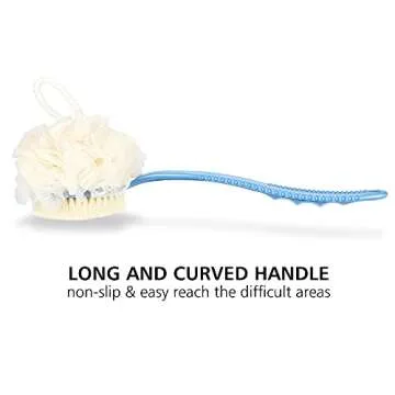 Shower Body Brush with Bristles and Loofah,Back Scrubber Bath Mesh Sponge with Curved Long Handle for Skin Exfoliating Bath, Massage Bristles Suitable for Wet or Dry, Men and Women (Grey)