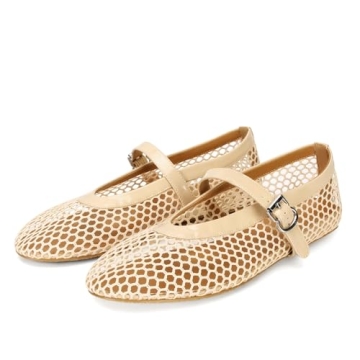 DOEYG Nude Mesh Ballet Flats for Women Round Toe Mesh Flats Ballet Shoes Buckle Strap Mesh Mary Jane...