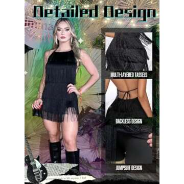 Ella Lust Sexy Backless Fringe Dress Jumpsuit - Western Country Concert Cowgirl Outfit for Women Nashville Tassel Romper(Black,M,1074a)