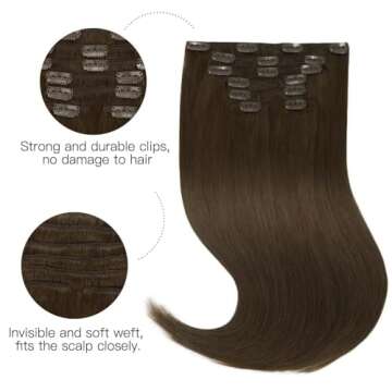 HOTBANANA Human Hair Clip in Hair Extensions, Chocolate Brown 120g Clip in Hair Extensions Real Huma...