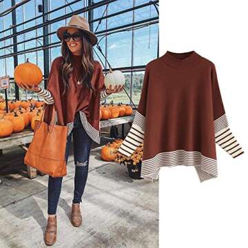 CHICWISH Women's Caramel Striped Oversize Soft Knit Cape Sweater Pullover, Size S-M