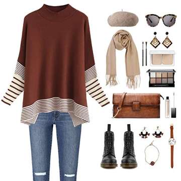 CHICWISH Women's Caramel Striped Oversize Soft Knit Cape Sweater Pullover, Size S-M