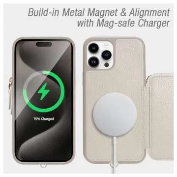 ZVE Wireless Wallet Case for iPhone 15 Pro Max, Zipper Leather RFID Cards Holder Slots Case with Magnetic Wireless Charging, Protective Cover for iPhone 15 Pro Max 6.7" (2023) - White