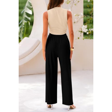 PRETTYGARDEN Women's Summer 2 Piece Outfits Ribbed Knit Lounge Sets Tracksuit Sleeveless Crop Tank Tops Wide Leg Casual Pants (Apricot Black,Medium)