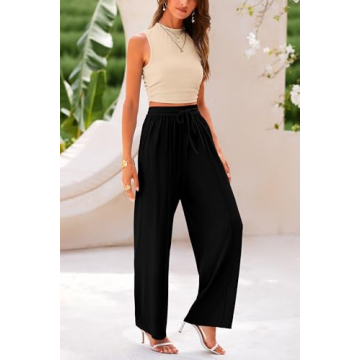 PRETTYGARDEN Women's Summer 2 Piece Outfits Ribbed Knit Lounge Sets Tracksuit Sleeveless Crop Tank Tops Wide Leg Casual Pants (Apricot Black,Medium)