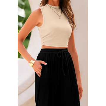 PRETTYGARDEN Women's Summer 2 Piece Outfits Ribbed Knit Lounge Sets Tracksuit Sleeveless Crop Tank Tops Wide Leg Casual Pants (Apricot Black,Medium)