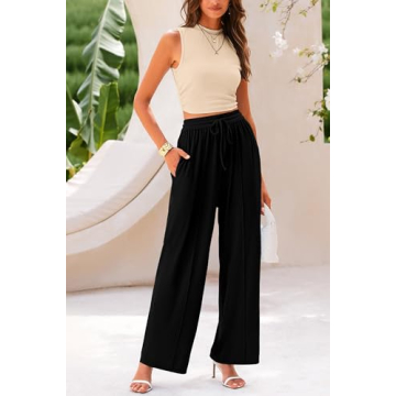 PRETTYGARDEN Women's Summer 2 Piece Outfits Ribbed Knit Lounge Sets Tracksuit Sleeveless Crop Tank Tops Wide Leg Casual Pants (Apricot Black,Medium)