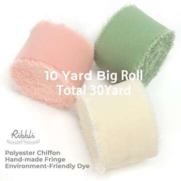 Ribbli Chiffon Ribbon 1.5 inch x 30 Yard Handmade Silk Ribbon, Ivory/Blush Pink/Sage Green Fringe Ch...
