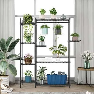 Xiofio Plant Stands for Indoor Plantsd Outdoor Plant Shelf, 4 Tier More Than 14 Pots Flower Pots Holder Storage Shelf Flower Stands With hanger rod for Living Room Balcony and Garden,Black