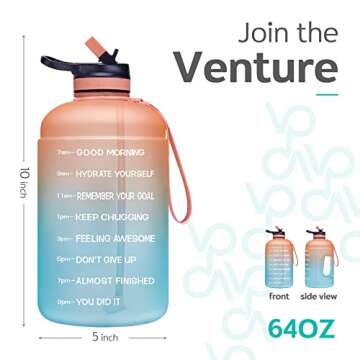 Venture Pal Half Gallon Water Bottle with 2 Lids, Large 64 oz Water Jug with Motivational Time Marker to Ensure You Drink Enough Water-Orange/Green Gradient