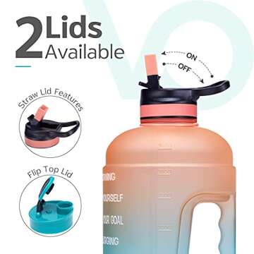 Venture Pal Half Gallon Water Bottle with 2 Lids, Large 64 oz Water Jug with Motivational Time Marker to Ensure You Drink Enough Water-Orange/Green Gradient