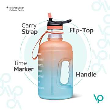Venture Pal Half Gallon Water Bottle with 2 Lids, Large 64 oz Water Jug with Motivational Time Marker to Ensure You Drink Enough Water-Orange/Green Gradient