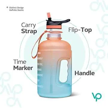 Venture Pal Half Gallon Water Bottle with 2 Lids, Large 64 oz Water Jug with Motivational Time Marker to Ensure You Drink Enough Water-Orange/Green Gradient