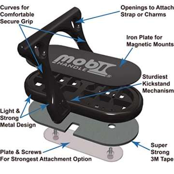 MOBI HANDLE Phone Grip Holder Ring Kickstand, Unique 3-Finger Shape for Comfort and Security with Strap, Lightweight, Durable, Scratch Resistant, Compatible with All Magnetic Mounts [Black]