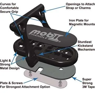 MOBI HANDLE Phone Grip Holder Ring Kickstand, Unique 3-Finger Shape for Comfort and Security with Strap, Lightweight, Durable, Scratch Resistant, Compatible with All Magnetic Mounts [Black]