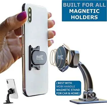 MOBI HANDLE Phone Grip Holder Ring Kickstand, Unique 3-Finger Shape for Comfort and Security with Strap, Lightweight, Durable, Scratch Resistant, Compatible with All Magnetic Mounts [Black]