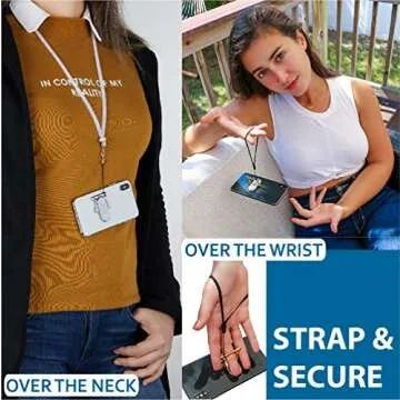 MOBI HANDLE Phone Grip Holder Ring Kickstand, Unique 3-Finger Shape for Comfort and Security with Strap, Lightweight, Durable, Scratch Resistant, Compatible with All Magnetic Mounts [Black]