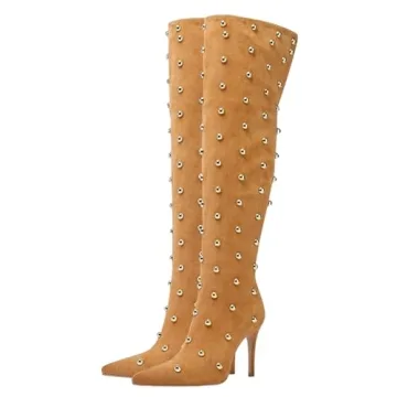 FSJ Women's Studded Stiletto Over the Knee Boots Fashion