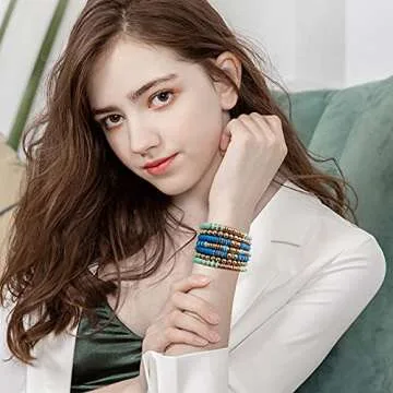 GOOJIDS Surfer Heishi Clay Bead Bracelets for Women Bohemian Stackable Gold Beaded Stretch Bracelets Elastic Layering Friendship Bracelets Set Boho Jewelry (G-Blue&Light Blue 7pcs)