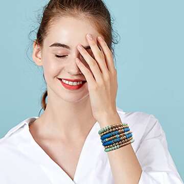 GOOJIDS Surfer Heishi Clay Bead Bracelets for Women Bohemian Stackable Gold Beaded Stretch Bracelets Elastic Layering Friendship Bracelets Set Boho Jewelry (G-Blue&Light Blue 7pcs)