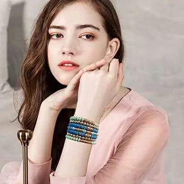GOOJIDS Surfer Heishi Clay Bead Bracelets for Women Bohemian Stackable Gold Beaded Stretch Bracelets Elastic Layering Friendship Bracelets Set Boho Jewelry (G-Blue&Light Blue 7pcs)