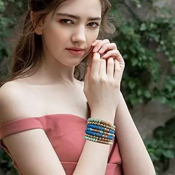 GOOJIDS Surfer Heishi Clay Bead Bracelets for Women Bohemian Stackable Gold Beaded Stretch Bracelets Elastic Layering Friendship Bracelets Set Boho Jewelry (G-Blue&Light Blue 7pcs)