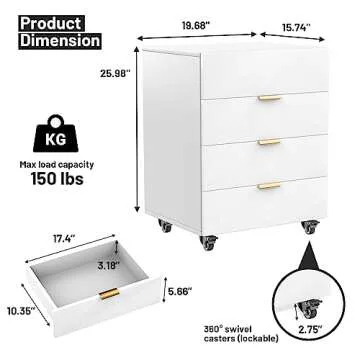 YILQQPER 4 Drawer Chest, Wood Storage Dresser Cabinet with Wheels, Mobile Organizer Drawers for Offi...