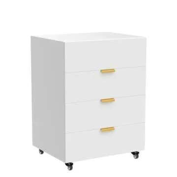 YILQQPER 4 Drawer Chest, Wood Storage Dresser Cabinet with Wheels, Mobile Organizer Drawers for Office & Vanity, Nightstand for Bedroom, White