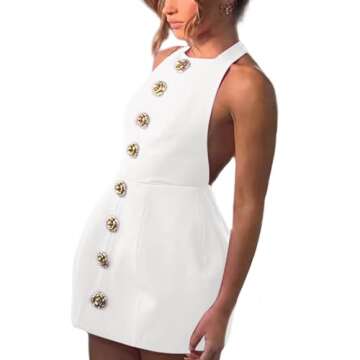 Women's Elegant Halter Backless Tweed Mini Dress Rose Open Back Sleeveless Party Club Cocktail Eveni...