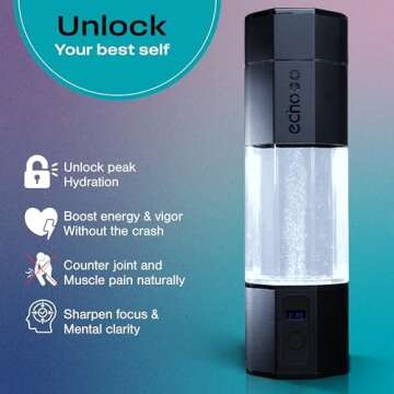 Echo Go+ Hydrogen Water Bottle - Water Ionizer Up to 4.5PPM - SPE & PEM Hydrogen Water Generator - Alternative to Hydrogen Water Pitcher - Black Hydrogenated Water Bottle