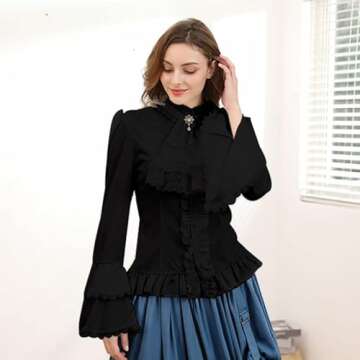 Mingyuezai Victorian Blouse Womens Gothic Pirate Shirt Vintage Long Sleeve Lotus Ruffle Tops (XL, 010 Black)