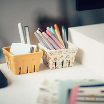 Farmhouse Ceramic Berry Basket, Colander, Farmers Market square Bowl. Rustic Kitchen decor fruit bowls, Fruit Baskets, Yellow, White and floral pattern Stoneware Harvest Bowls Set of 4