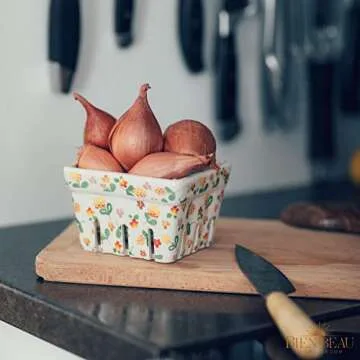 Farmhouse Ceramic Berry Basket, Colander, Farmers Market square Bowl. Rustic Kitchen decor fruit bowls, Fruit Baskets, Yellow, White and floral pattern Stoneware Harvest Bowls Set of 4