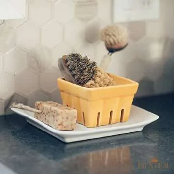 Farmhouse Ceramic Berry Basket, Colander, Farmers Market square Bowl. Rustic Kitchen decor fruit bowls, Fruit Baskets, Yellow, White and floral pattern Stoneware Harvest Bowls Set of 4