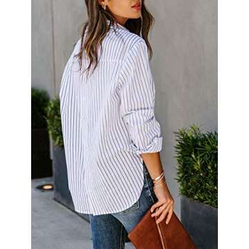 Bellastory Women's Stripes Button Down Shirts Roll-up Sleeve Tops V Neck Casual Work Blouses - Blue XXL