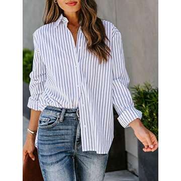 Bellastory Women's Stripes Button Down Shirts Roll-up Sleeve Tops V Neck Casual Work Blouses - Blue XXL