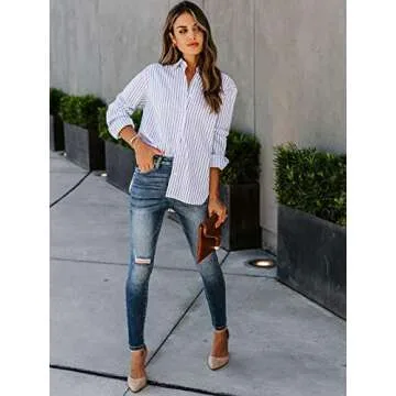 Bellastory Women's Stripes Button Down Shirts Roll-up Sleeve Tops V Neck Casual Work Blouses - Blue XXL