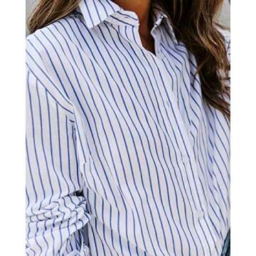 Bellastory Women's Stripes Button Down Shirts Roll-up Sleeve Tops V Neck Casual Work Blouses - Blue XXL