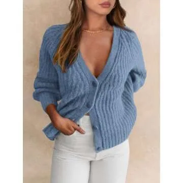 PRETTYGARDEN Womens Sweaters Fall 2024 Long Sleeve Open Front Chunky Cardigan Sweaters for Women Dressy Short Cardigans (Mist Blue, Large)