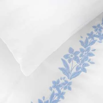 MARTHA STEWART Climbing Flowers King Size Duvet, 3 Piece Set-1 Duvet Cover, 2 Pillow Shams, Cotton-Percale, Soft, Reversible, Easy Wash, All Season 104"x92" with Button Closure, Soft Blue