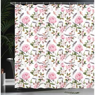 Ambesonne Flower Shower Curtain, Apple and Cherry Flowers and Blossoms with Feathers Shabby Style of Classical Botanic Retro Artwork, Cloth Fabric Bathroom Set with Hooks, 69" W x 70" L, Pink Green